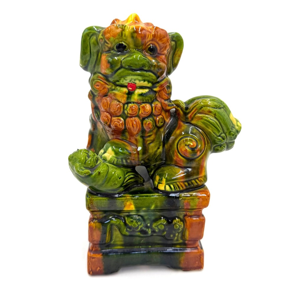 Vintage Sancai Glaze Foo Dog Ceramic Figurine Green Amber Guardian Lion 8‎ Inch
